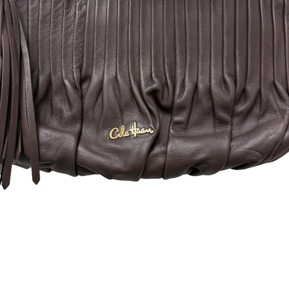 Cole Haan Brown Leather Pleated Tassel Shoulder‎ Bag Gold Hardware Hobo Handbag - Picture 2 of 11